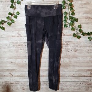 Black Grey Tie Dye Active Leggings Women's Side Pockets Gym Fitness Workout